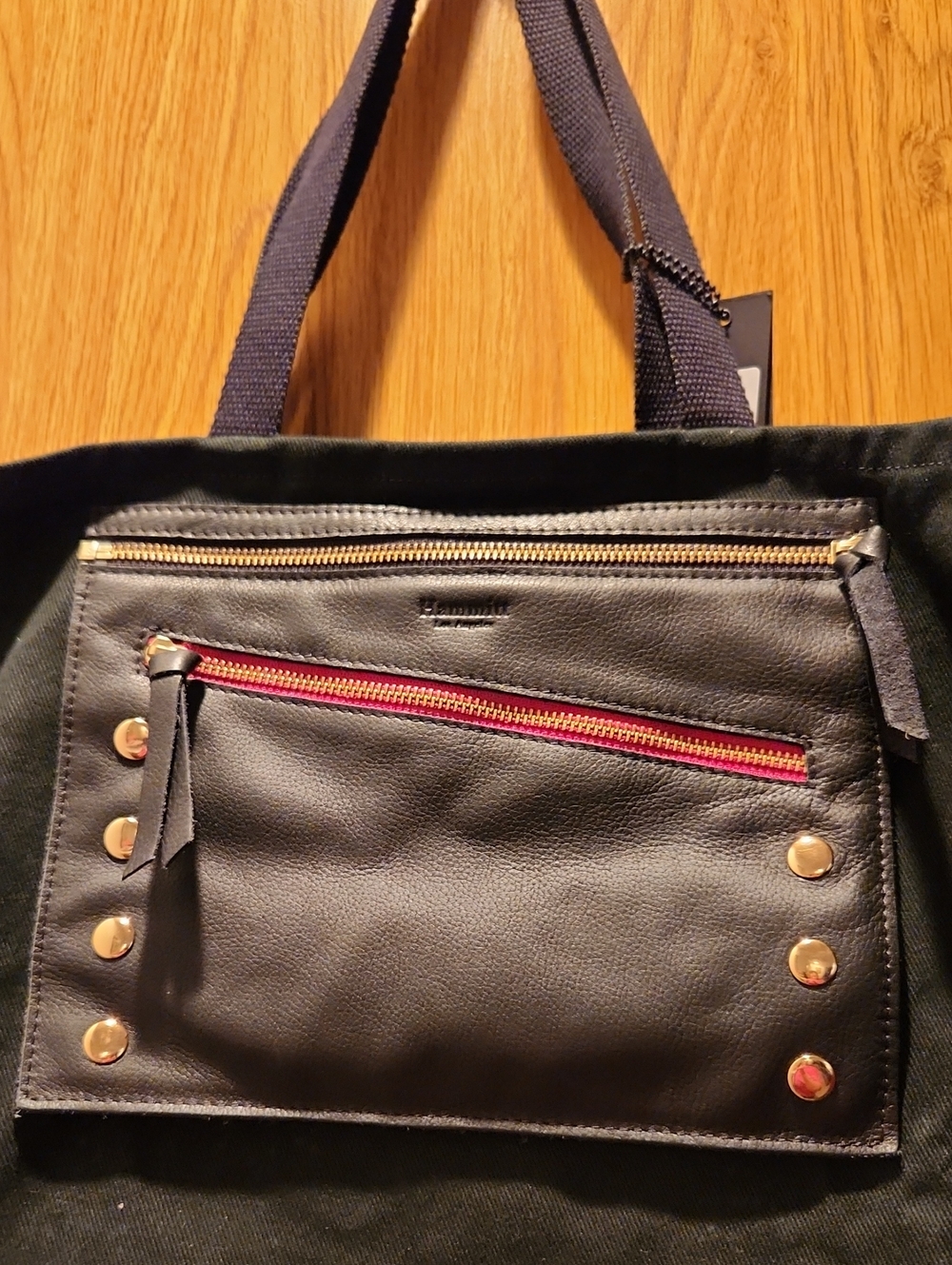 Hammitt Black Canvas Shopper Tote with Black Leather Pocket and Red Zip - Picture 3 of 7